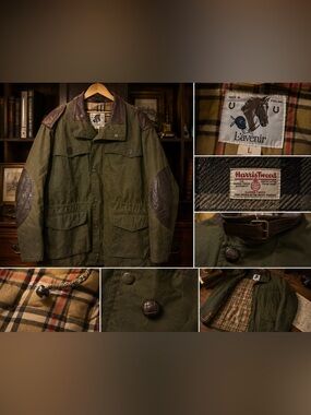 Men's Olive Waxed Cotton Field Jacket with Brown Leather Trim( not Harris tweed)